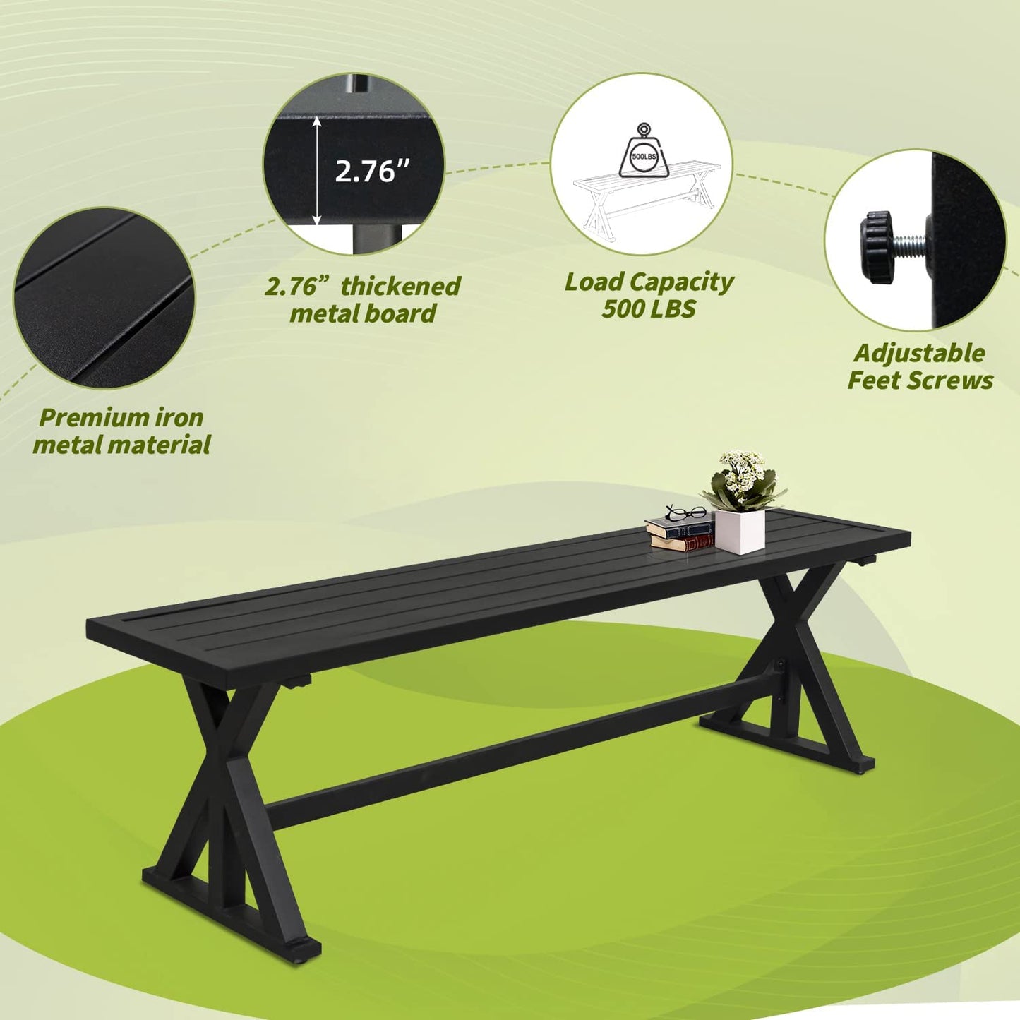 Outdoor Dining Bench, Patio 61.2" Black Metal Slatted Picnic Benches, X-Leg Dining Seating for 2-3 Persons