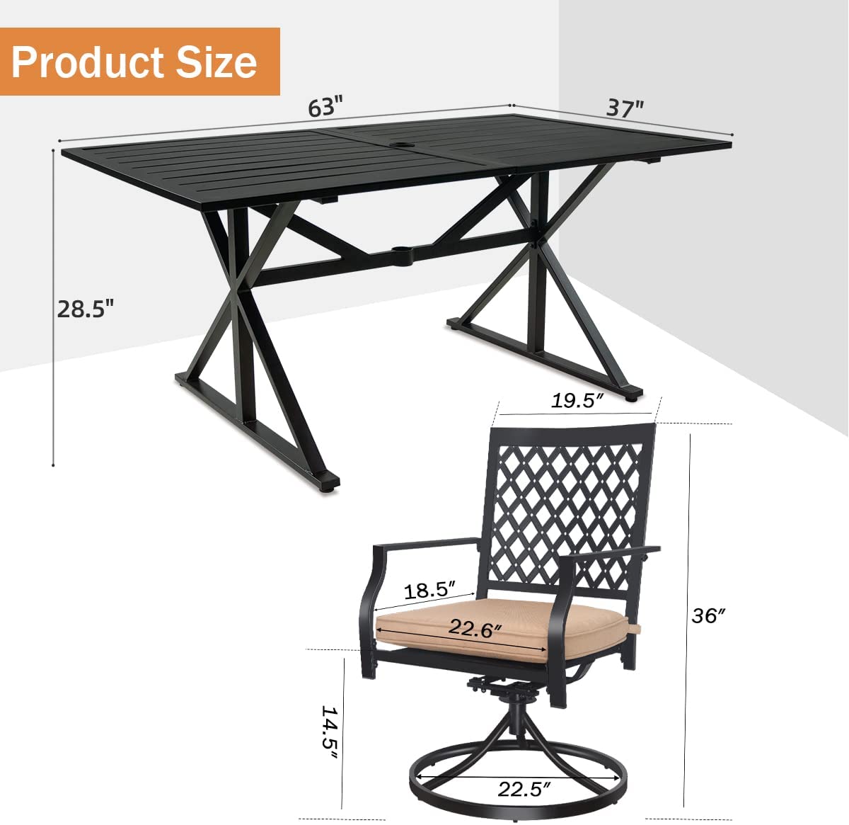 7-Piece Patio Dining Set with Cushions, 6 Swivel Chairs & 63" Rect Table (1.6"-2" Umbrella Hole)