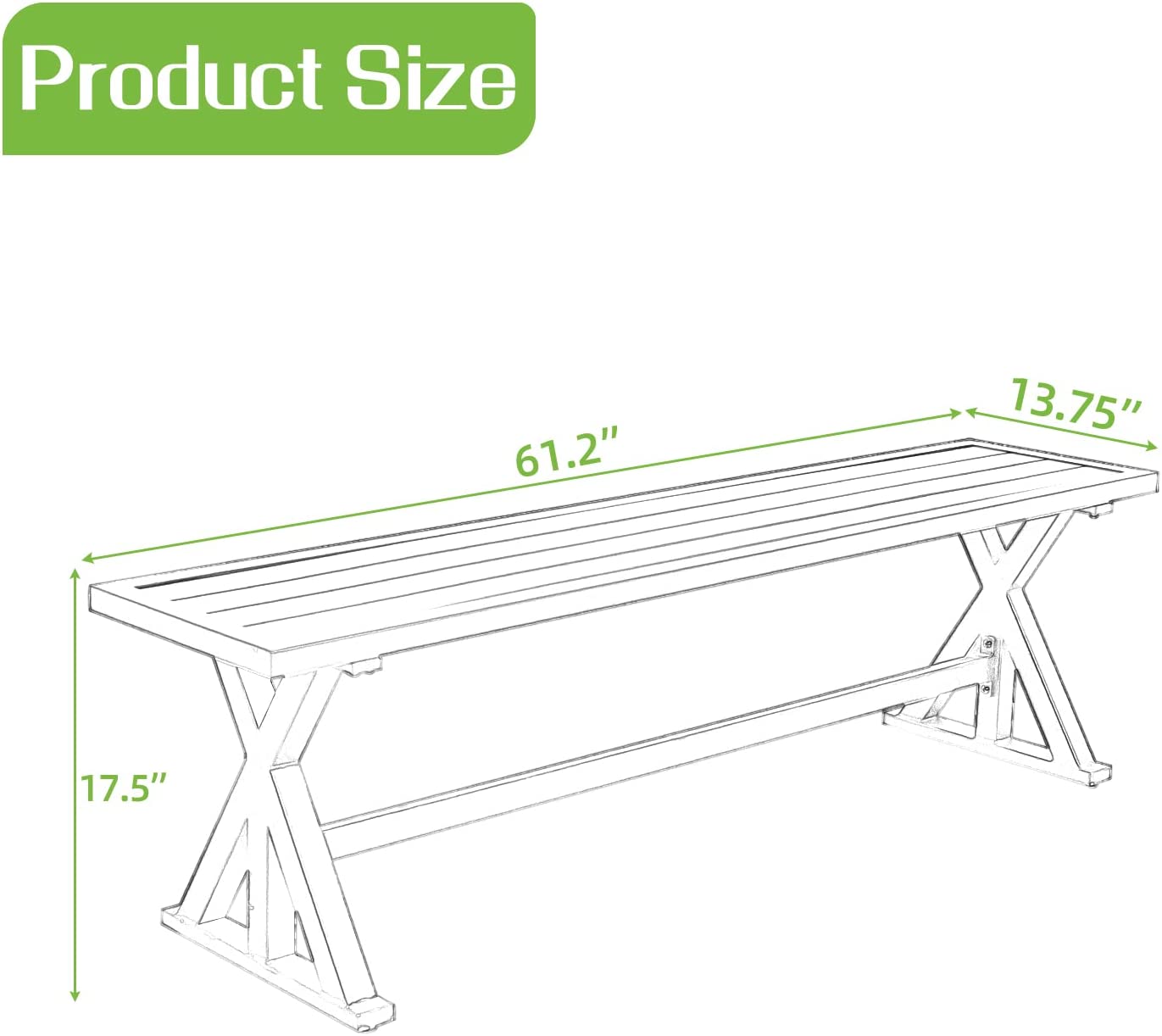 Outdoor Dining Bench, Patio 61.2" Black Metal Slatted Picnic Benches, X-Leg Dining Seating for 2-3 Persons