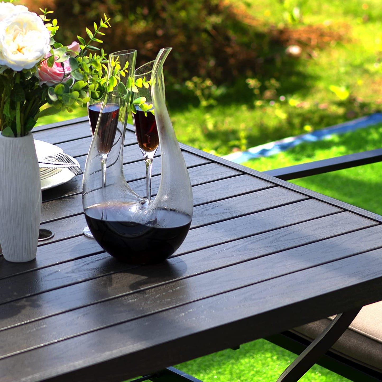 5-Piece Patio Dining Set, 4 Swivel Chairs with Cushions & Wood-like Grain Table (1.57" Umbrella Hole)