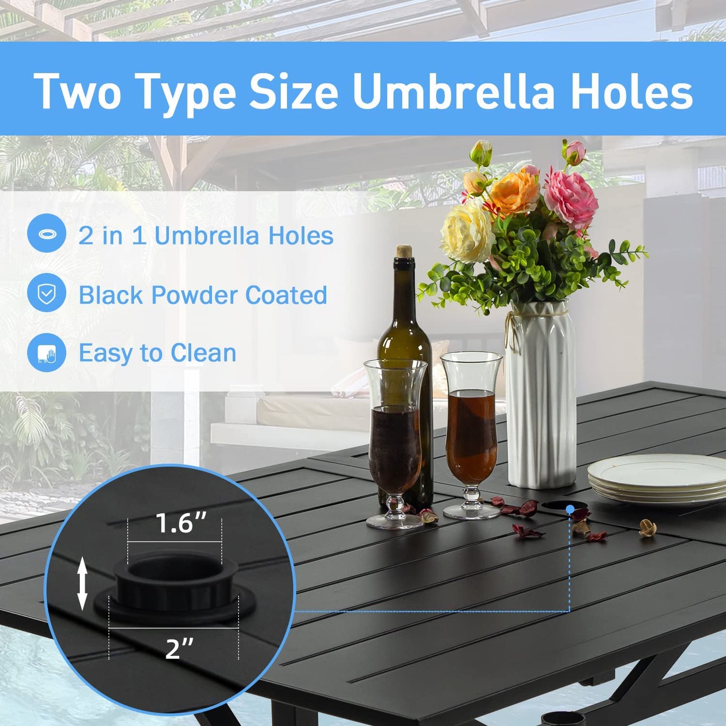 7-Piece Patio Dining Set with Cushions, 6 Swivel Chairs & 63" Rect Table (1.6"-2" Umbrella Hole)