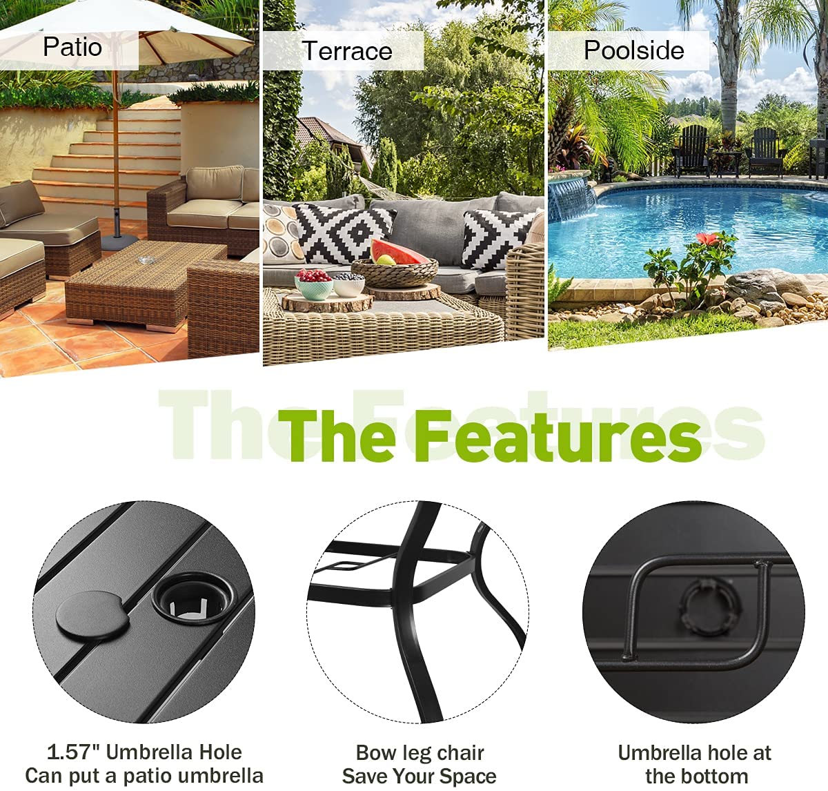 5-Piece Patio Dining Set, 4 Swivel Chairs with Cushions & Square Table (1.57" Umbrella Hole)