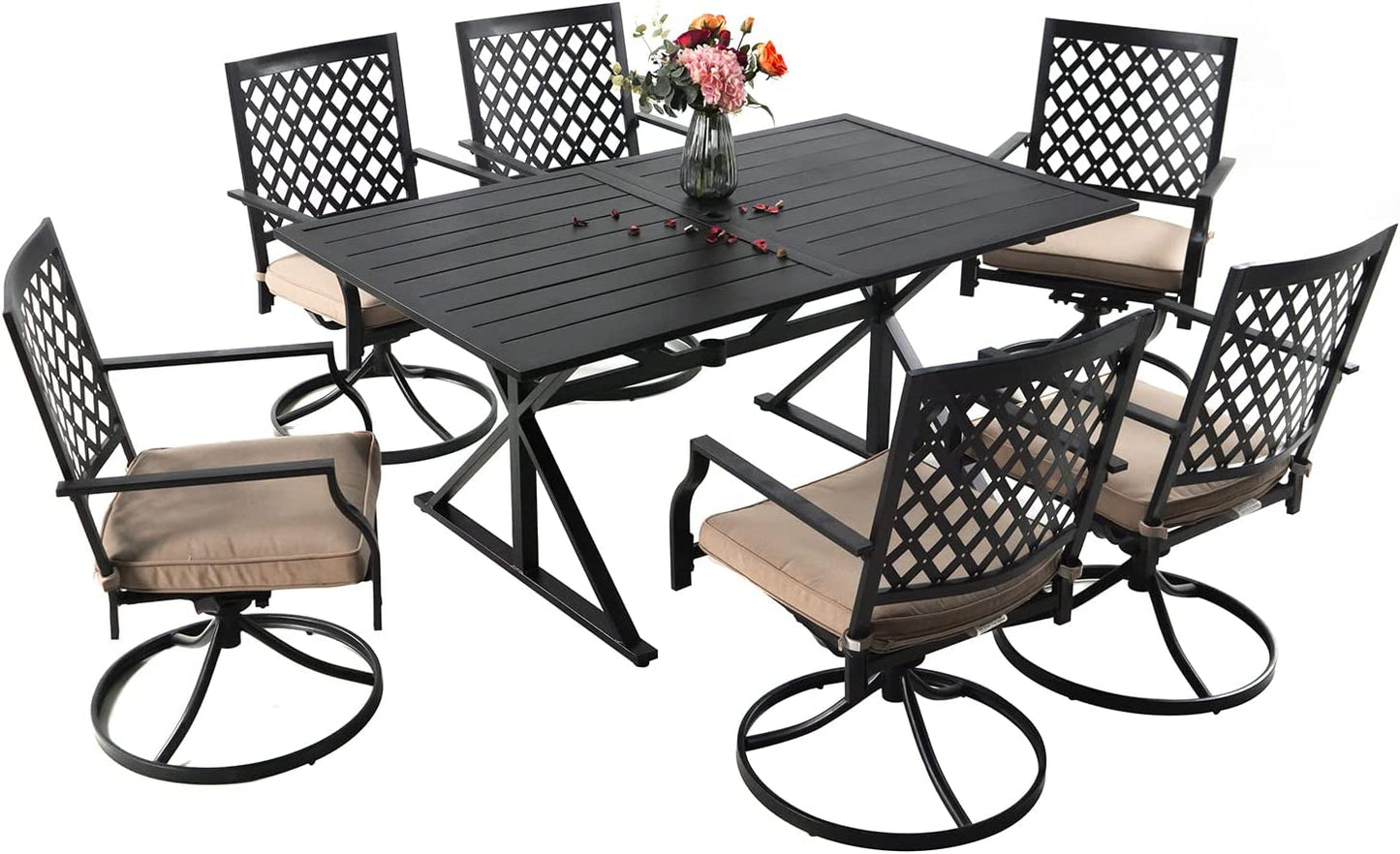 7-Piece Patio Dining Set with Cushions, 6 Swivel Chairs & 63" Rect Table (1.6"-2" Umbrella Hole)