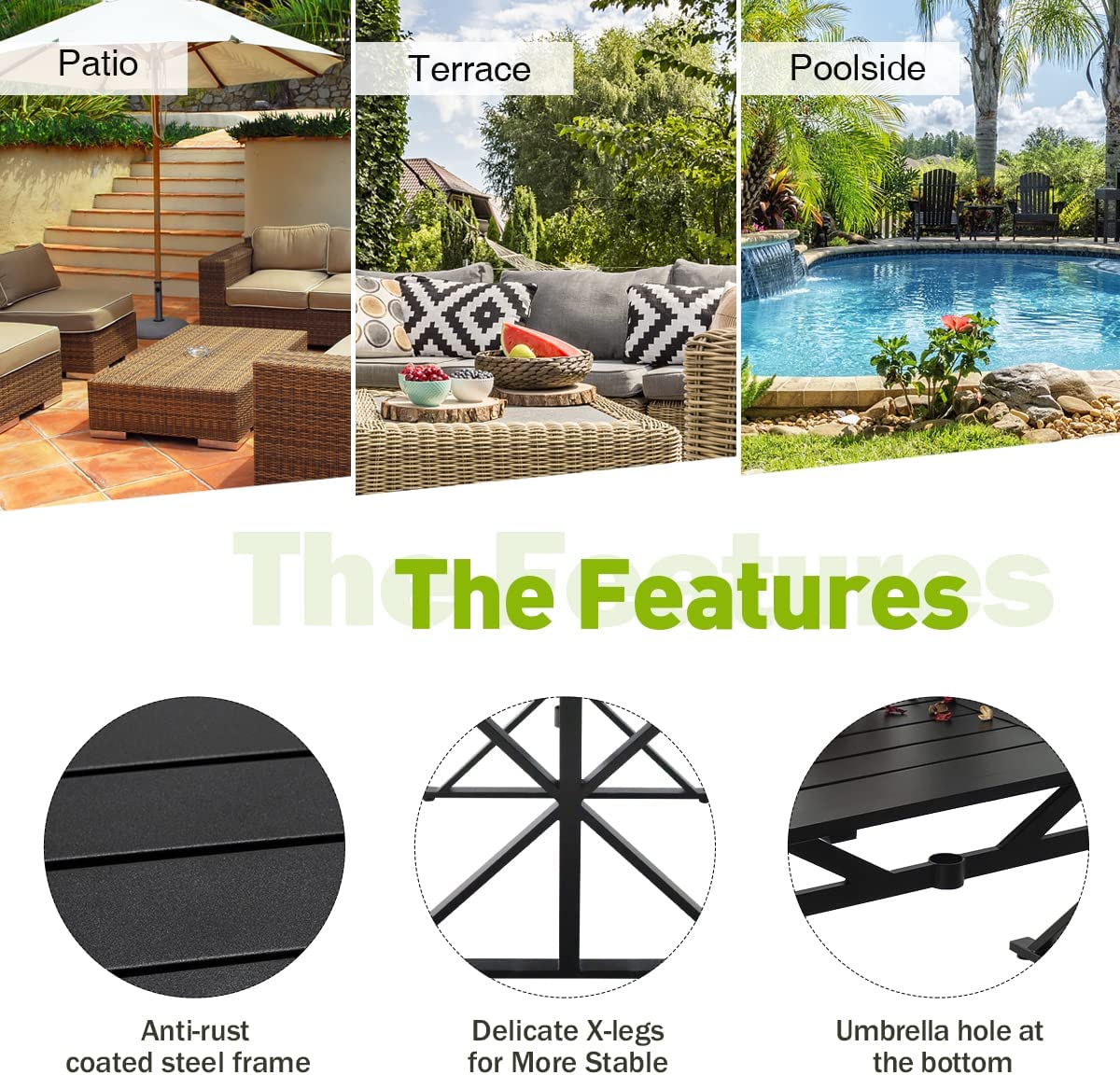 7-Piece Patio Dining Set with Cushions, 6 Swivel Chairs & 63" Rect Table (1.6"-2" Umbrella Hole)