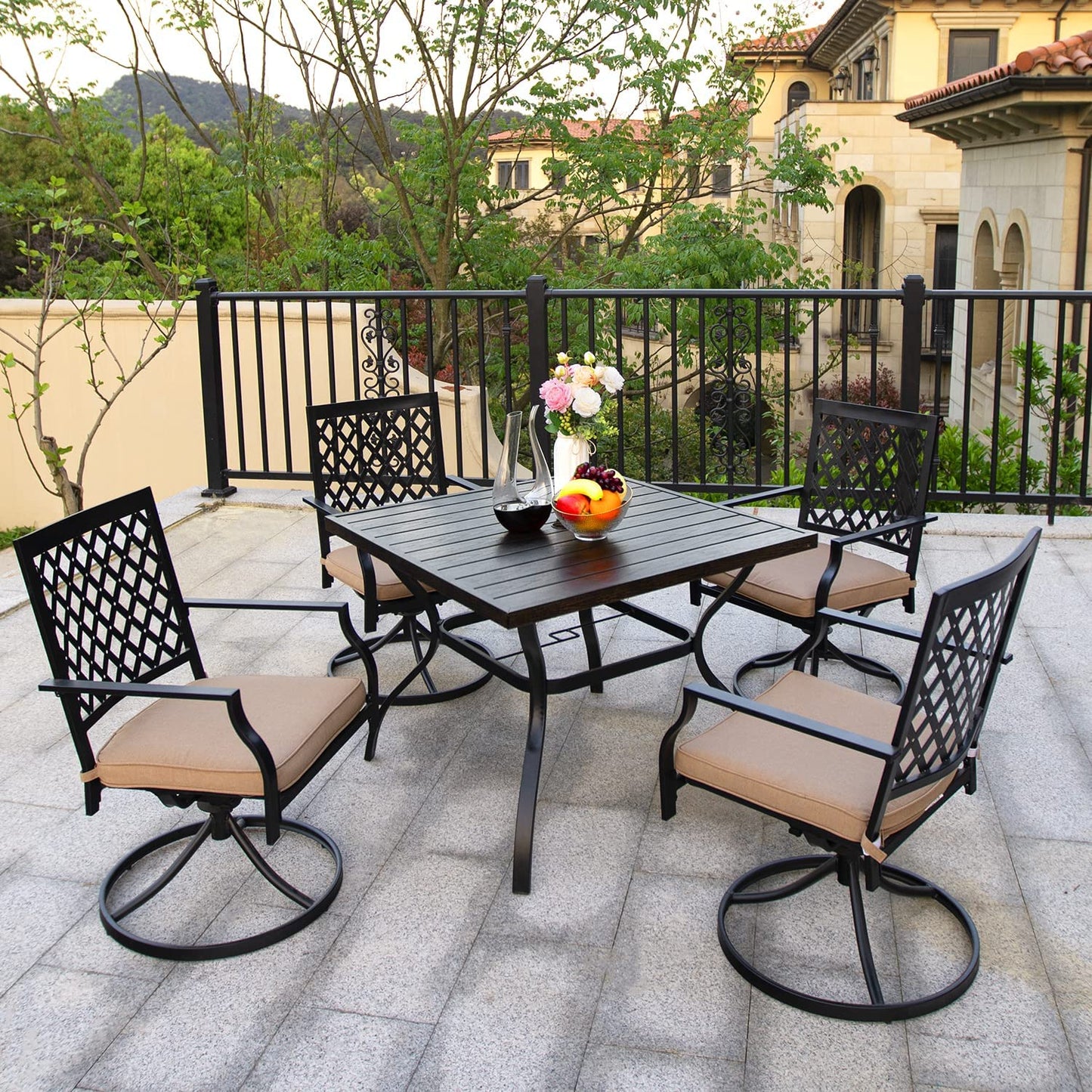 5-Piece Patio Dining Set, 4 Swivel Chairs with Cushions & Wood-like Grain Table (1.57" Umbrella Hole)