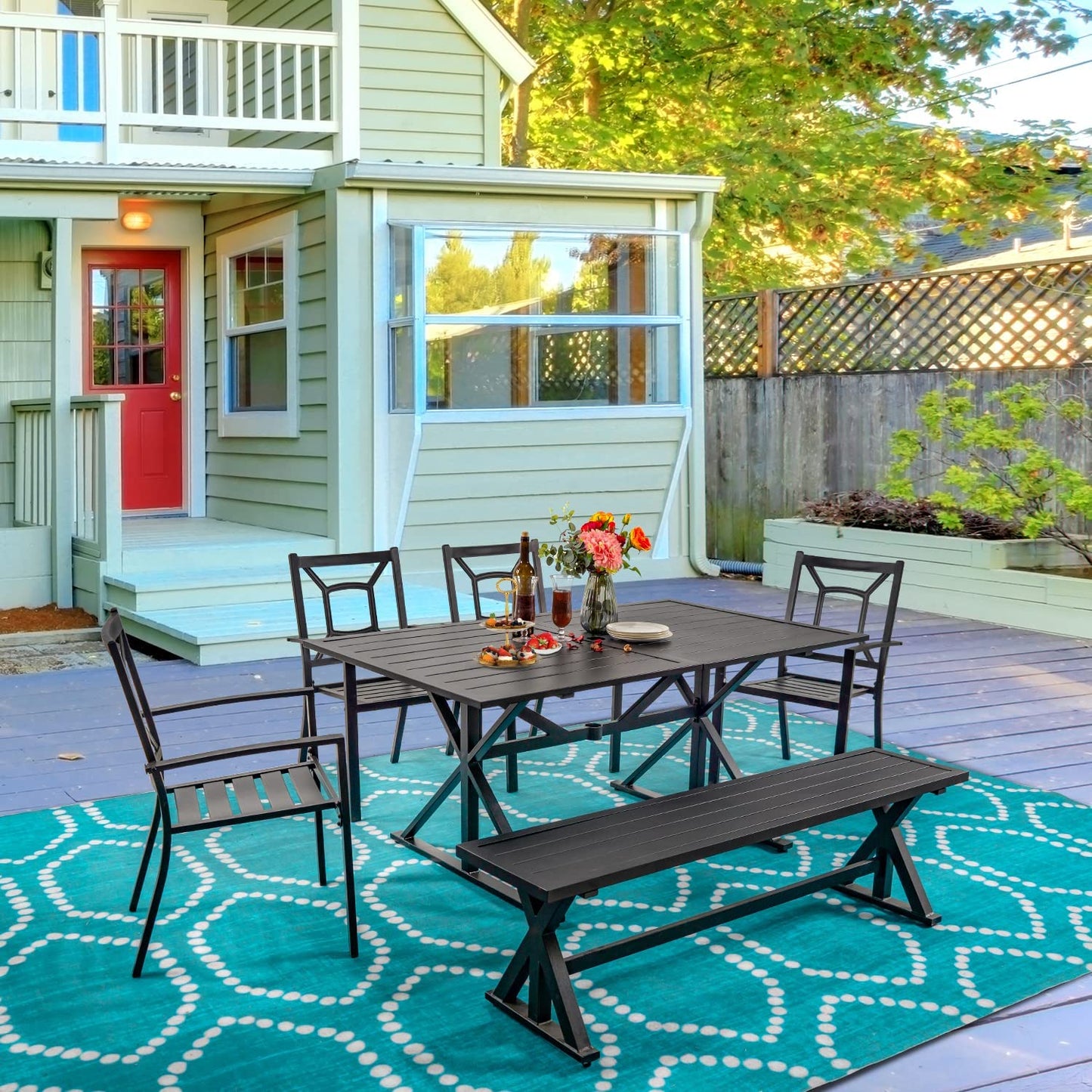 Outdoor Dining Bench, Patio 61.2" Black Metal Slatted Picnic Benches, X-Leg Dining Seating for 2-3 Persons