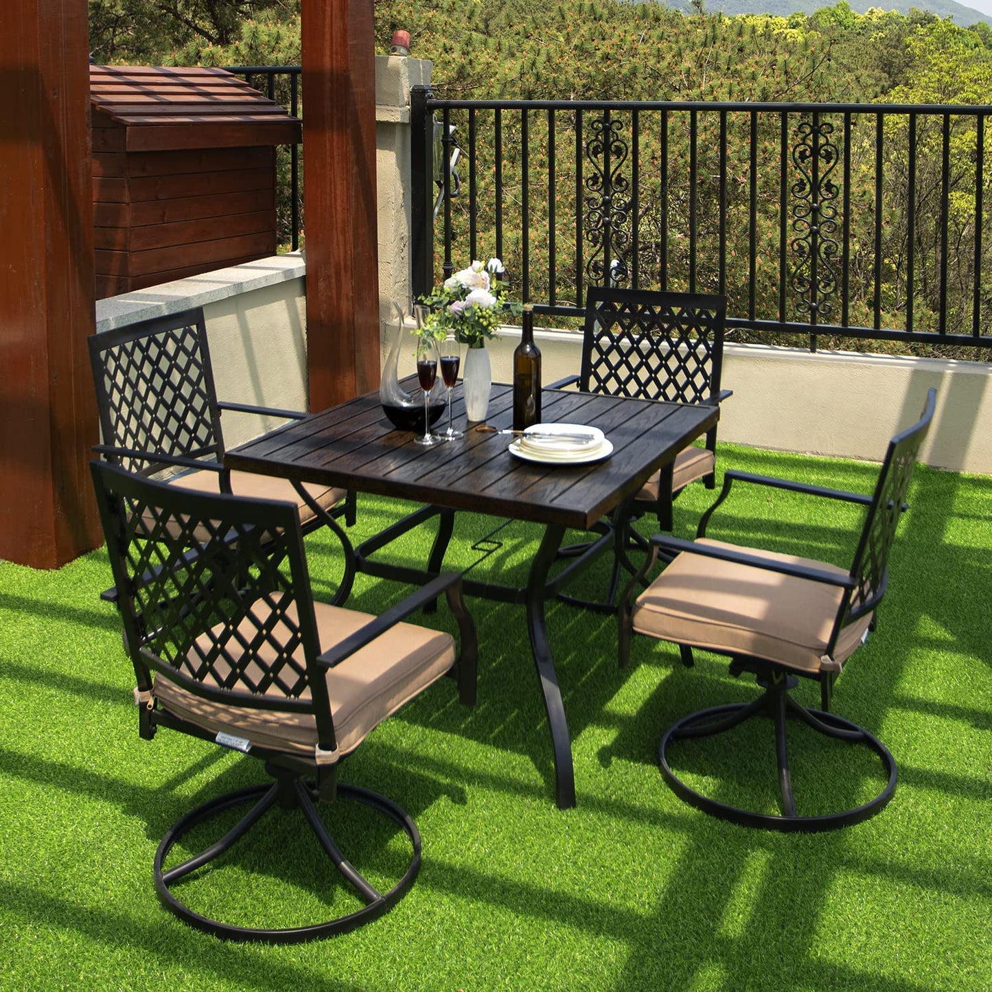 5-Piece Patio Dining Set, 4 Swivel Chairs with Cushions & Wood-like Grain Table (1.57" Umbrella Hole)