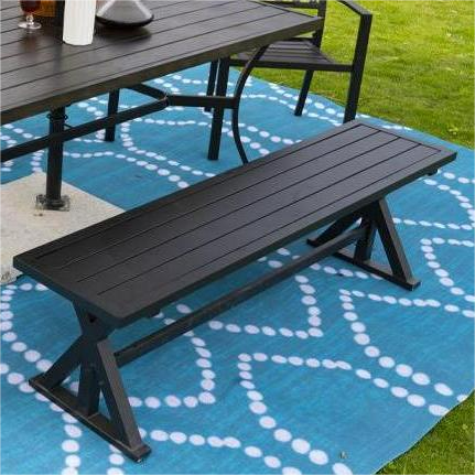 Outdoor Dining Bench, Patio 61.2" Black Metal Slatted Picnic Benches, X-Leg Dining Seating for 2-3 Persons