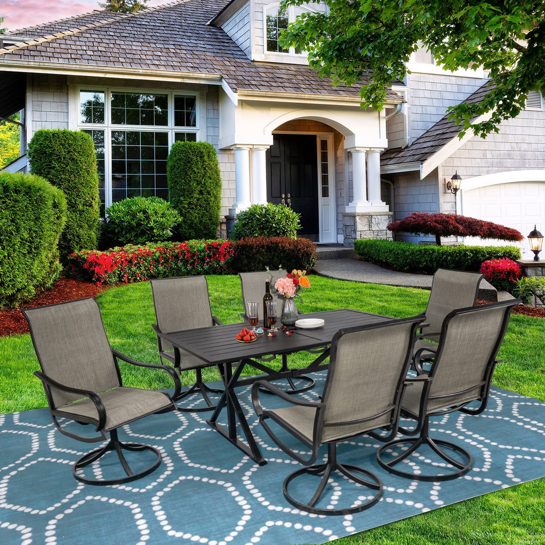 Enhance Your Patio Retreat: 7 Piece Dining Set with Metal Outdoor Padded Textilene and Swivel Chairs