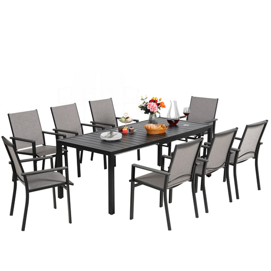 9 Pieces Patio Dining Set for 8, Extendable 78.8" Rectangle Dining Table and 8 Textilene Chairs