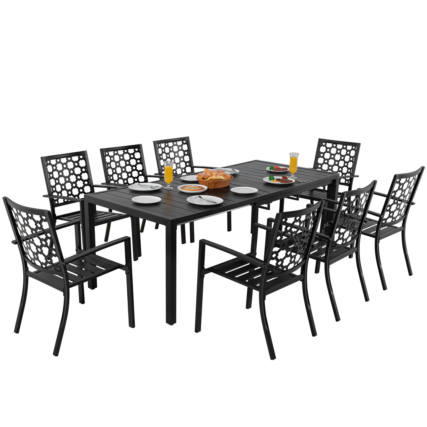 9 Pieces Patio Dining Set for 8, Expandable 78.8" Rectangle Dining Table and 8 Wrought Iron Stackable Chairs