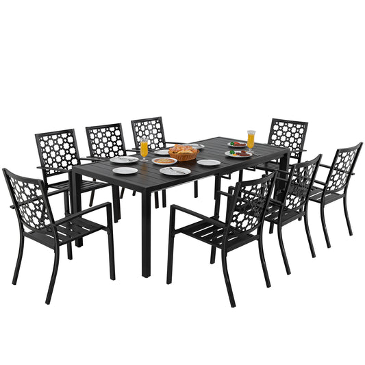 9 Pieces Patio Dining Set for 8, Expandable 78.8" Rectangle Dining Table and 8 Wrought Iron Stackable Chairs