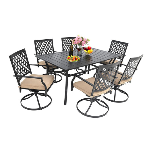 7-Piece Patio Dining Sets with Cushions, 6 Swivel Chairs & 63" Rect Table (1.57" Umbrella Hole)