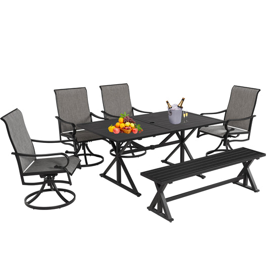 6-Piece Patio Dining Set with Bench, 4 Swivel Chairs & 61.2" Park Bench & 63" Rectangle Table (1.6"-2" Umbrella Hole)