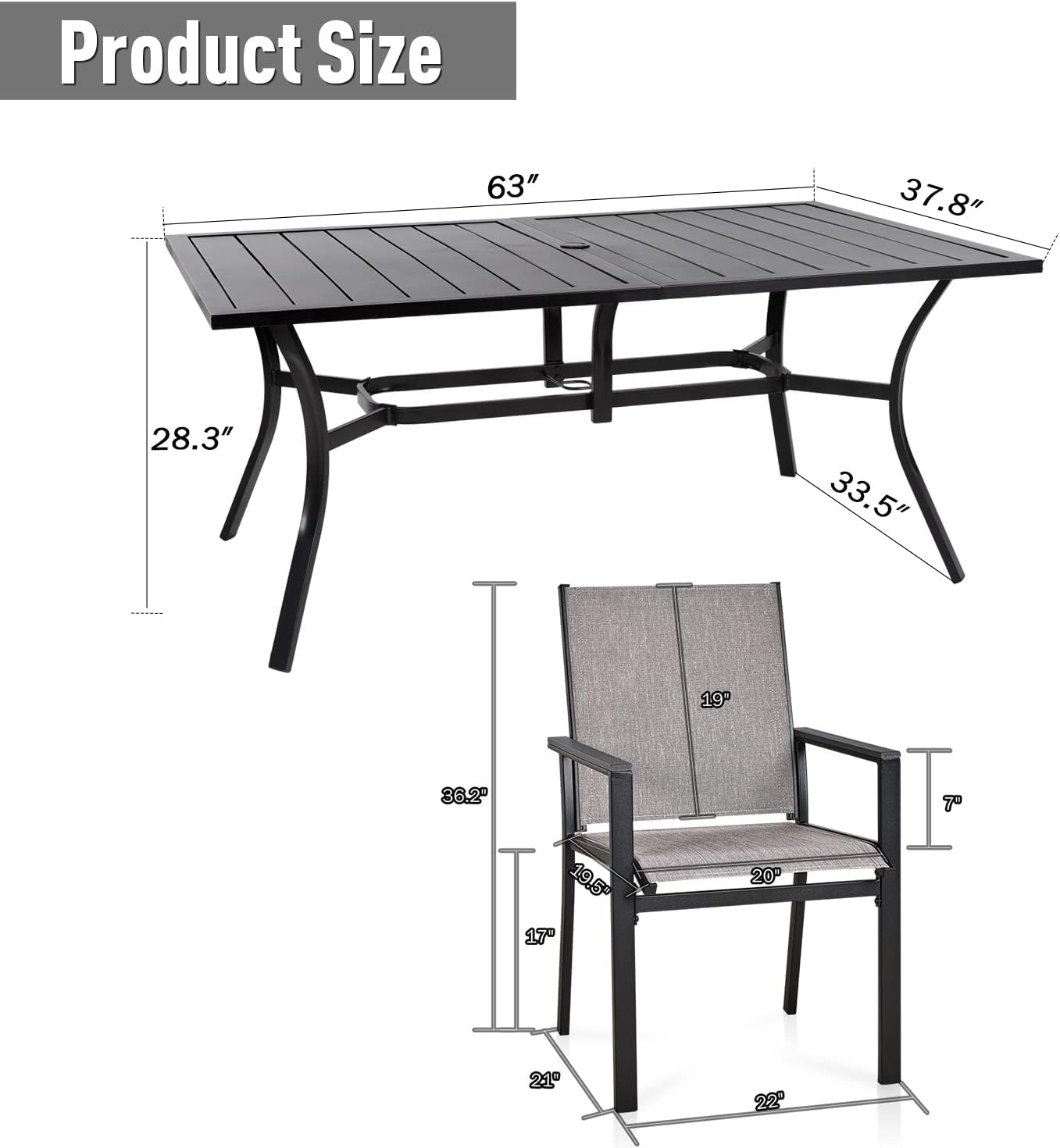 7-piece Patio Dining Set, 6 Outdoor Chairs & Square Metal Table (1.57" Umbrella Hole)