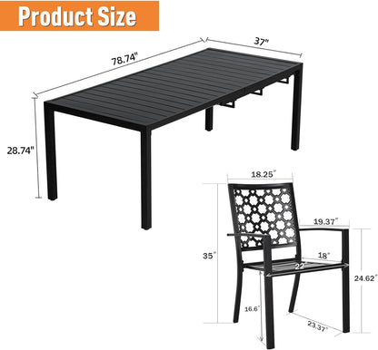 9 Pieces Patio Dining Set for 8, Expandable 78.8" Rectangle Dining Table and 8 Wrought Iron Stackable Chairs