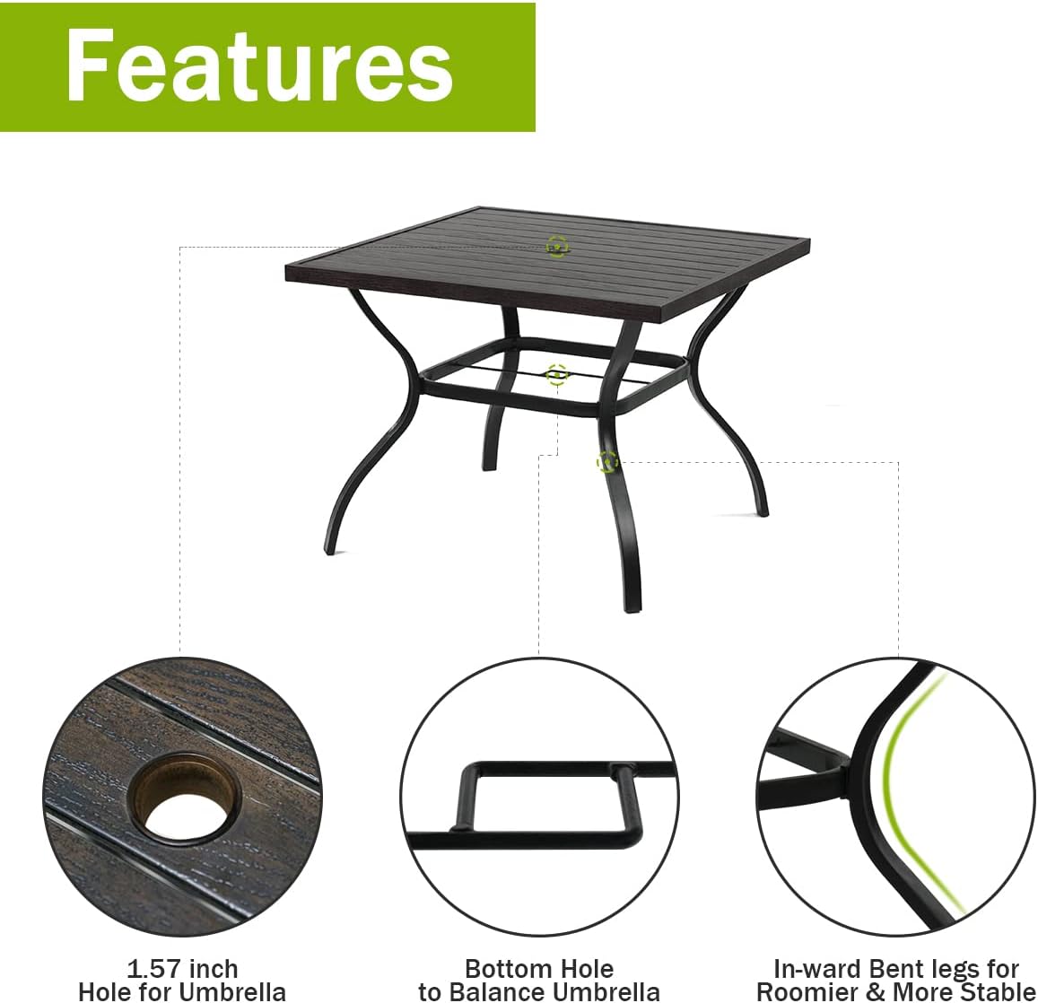 5-Piece Patio Dining Set, 4 Outdoor Stackable Chairs & Wood-Like Grain Metal Table with 1.57" Umbrella Hole