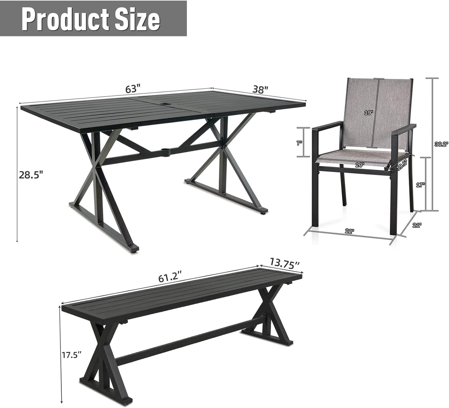 6-Piece Outdoor Dining Set with Bench, 4 Patio Chairs & 61.2" Outdoor Bench & Rect Table (1.6"-2" Umbrella Hole)