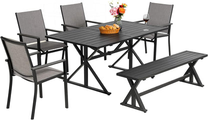 6-Piece Outdoor Dining Set with Bench, 4 Patio Chairs & 61.2" Outdoor Bench & Rect Table (1.6"-2" Umbrella Hole)