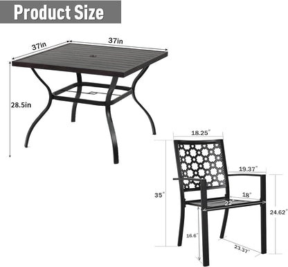 5-Piece Patio Dining Set, 4 Outdoor Stackable Chairs & Wood-Like Grain Metal Table with 1.57" Umbrella Hole
