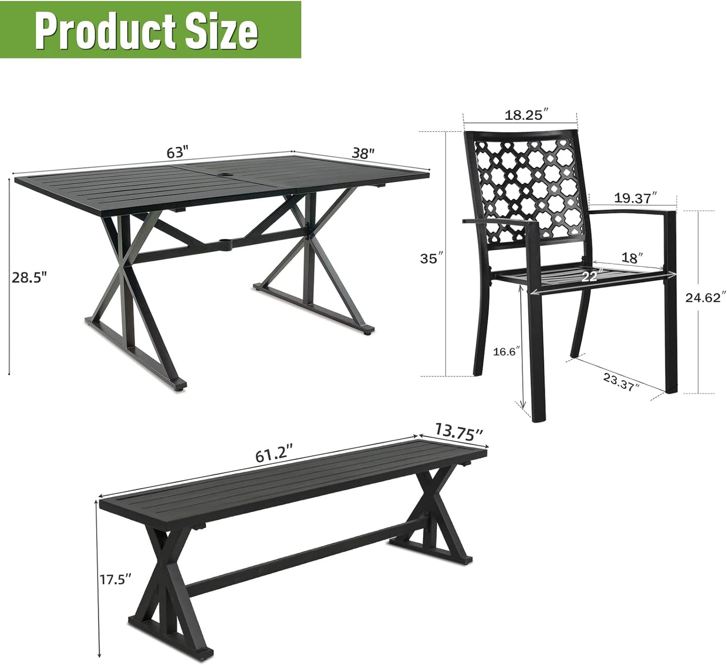 6-Piece Patio Dining Set with Bench, 4 Stackable Chairs & 61.2" Metal Bench & 63" Rect Table (1.6"-2" Umbrella Hole)