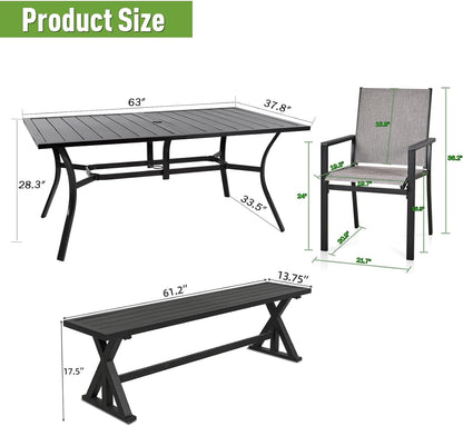 6-Piece Outdoor Dining Bench Set, 4 Patio Chairs & 61.2" Metal Bench & 63" Rect Table with (1.57" Umbrella Hole)