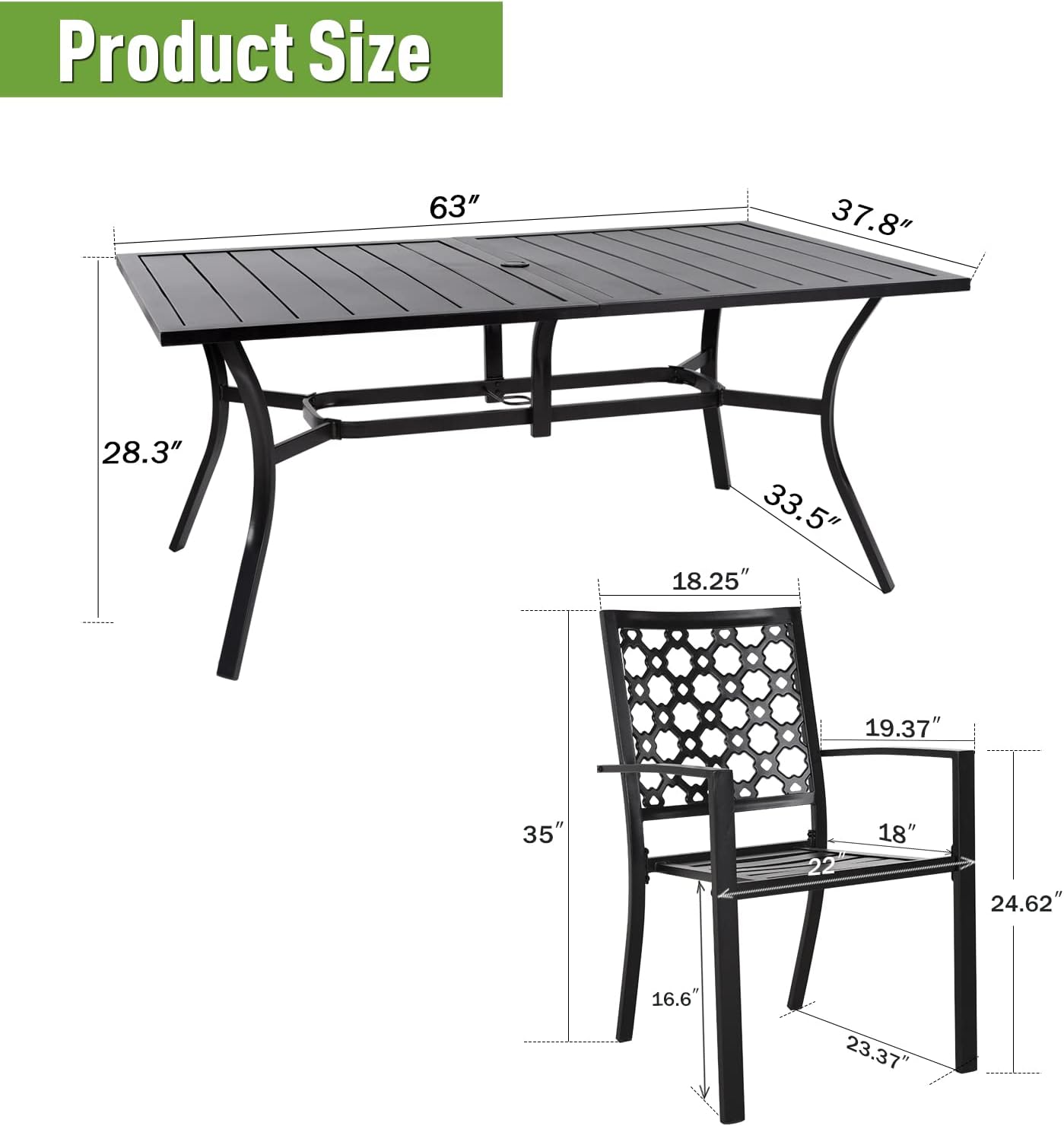 7-piece Outdoor Dining Set, 6 Stackable Chairs & 63" Rect Table (1.57" Umbrella Hole)