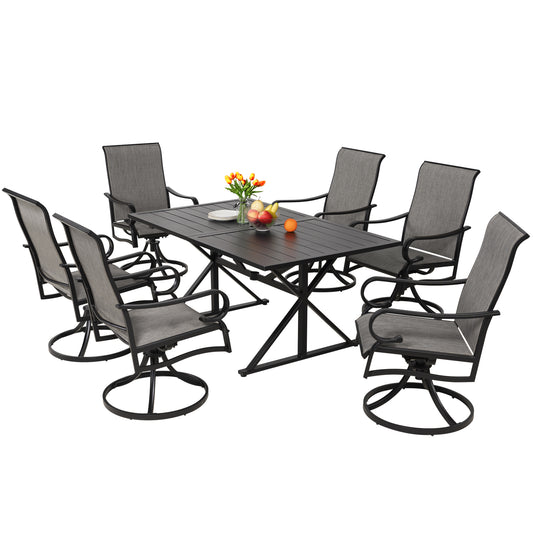 7-Piece Patio Dining Set with 6 Swivel Chairs and 63" Rect Table (1.6"-2" Umbrella Hole)