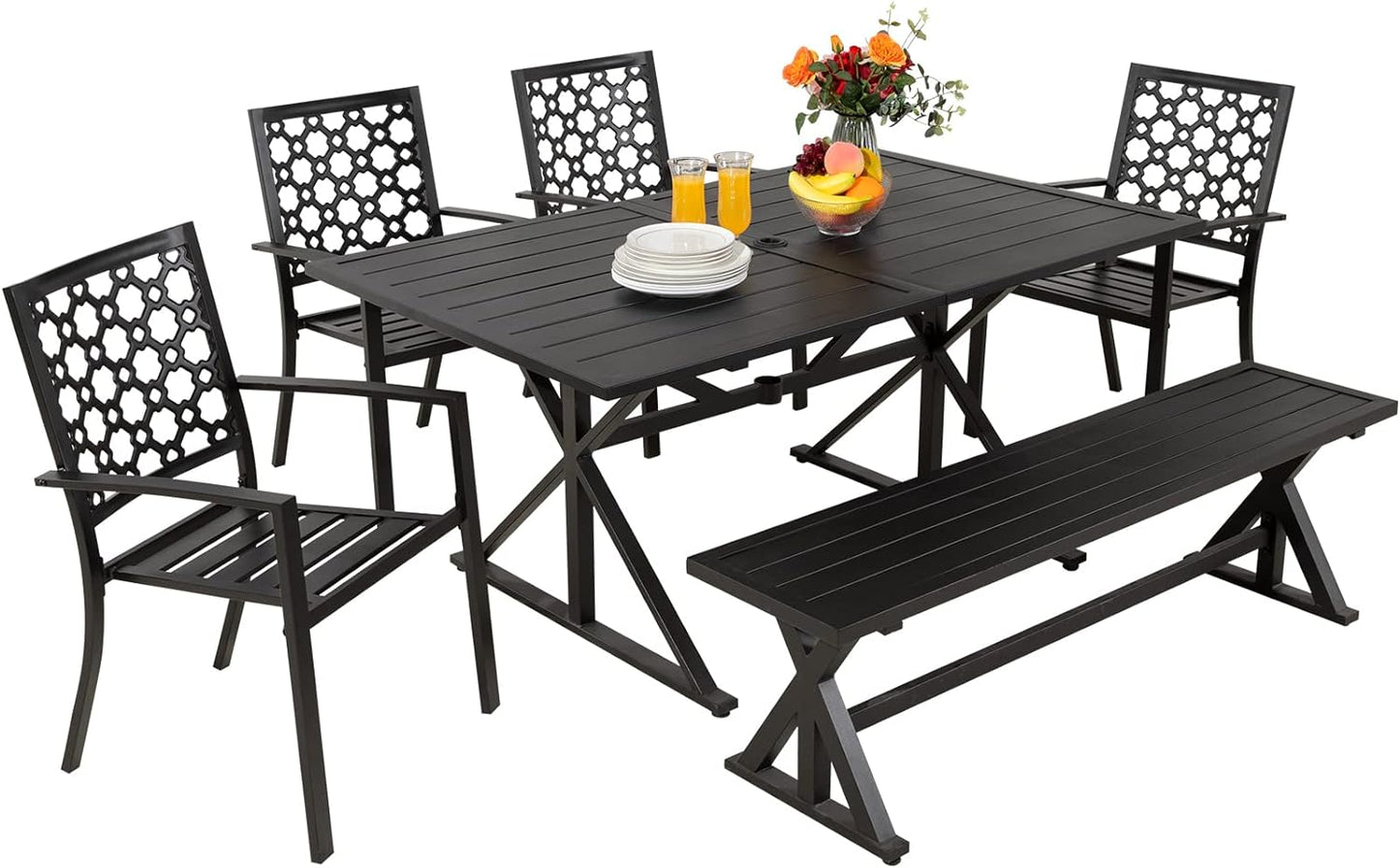 6-Piece Patio Dining Set with Bench, 4 Stackable Chairs & 61.2" Metal Bench & 63" Rect Table (1.6"-2" Umbrella Hole)