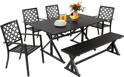 6-Piece Patio Dining Set with Bench, 4 Stackable Chairs & 61.2" Metal Bench & 63" Rect Table (1.6"-2" Umbrella Hole)