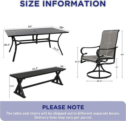 6-Piece Outdoor Dining Set, 63" Rect Dining Table with 1.57" Umbrella Hole & 61.2" Outdoor Bench & 4 Patio Swivel Chairs