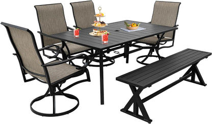 6-Piece Outdoor Dining Set, 63" Rect Dining Table with 1.57" Umbrella Hole & 61.2" Outdoor Bench & 4 Patio Swivel Chairs