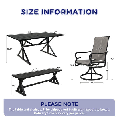 6-Piece Patio Dining Set with Bench, 4 Swivel Chairs & 61.2" Park Bench & 63" Rectangle Table (1.6"-2" Umbrella Hole)