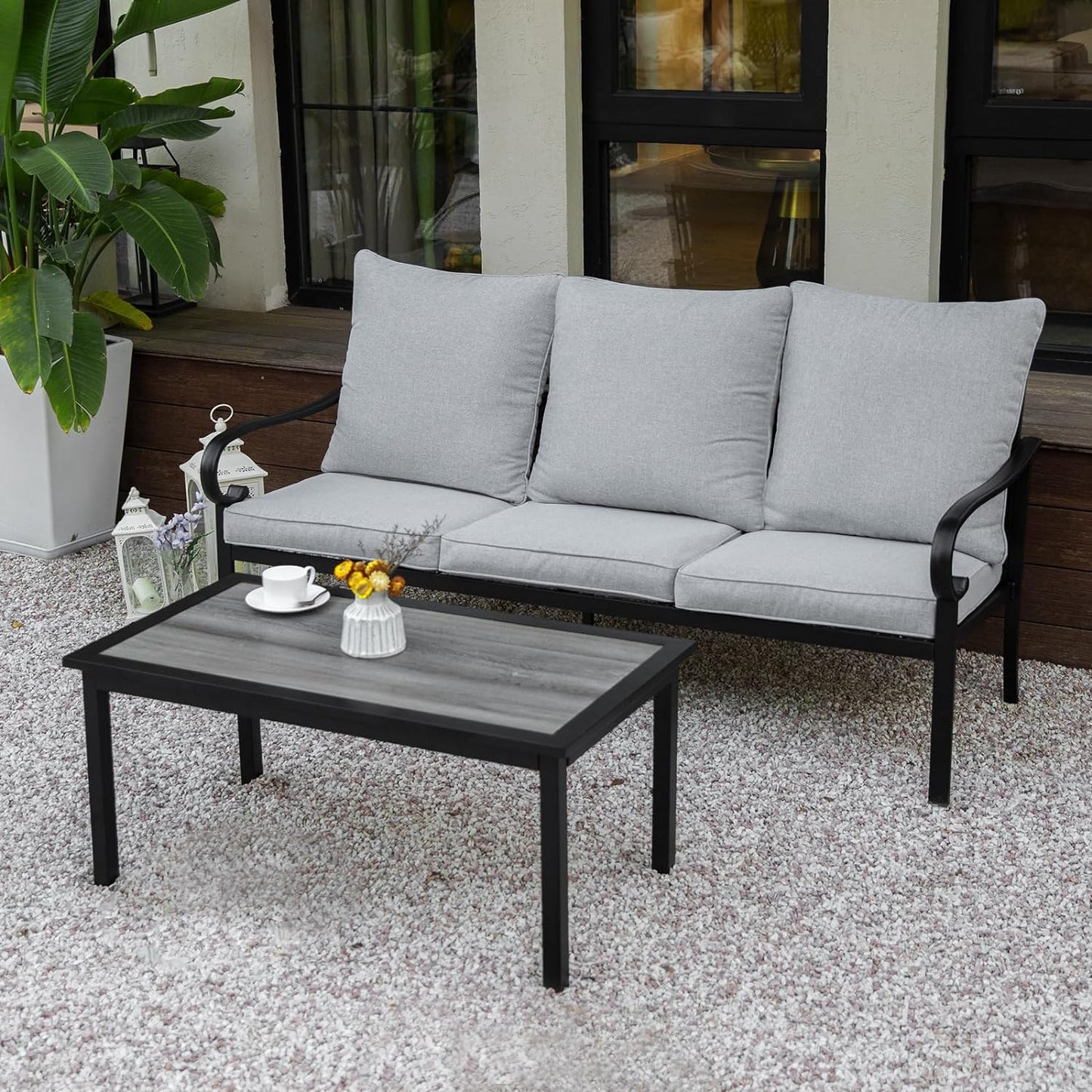 2-Piece Patio Conversation Set with Cushions, 3-Seater Sofa Bench with Coffee Table Sectional Sofa Furniture