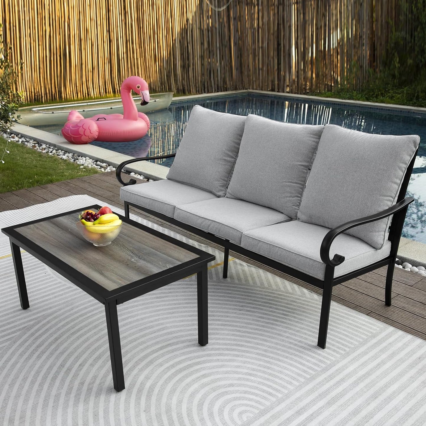 2-Piece Patio Conversation Set with Cushions, 3-Seater Sofa Bench with Coffee Table Sectional Sofa Furniture