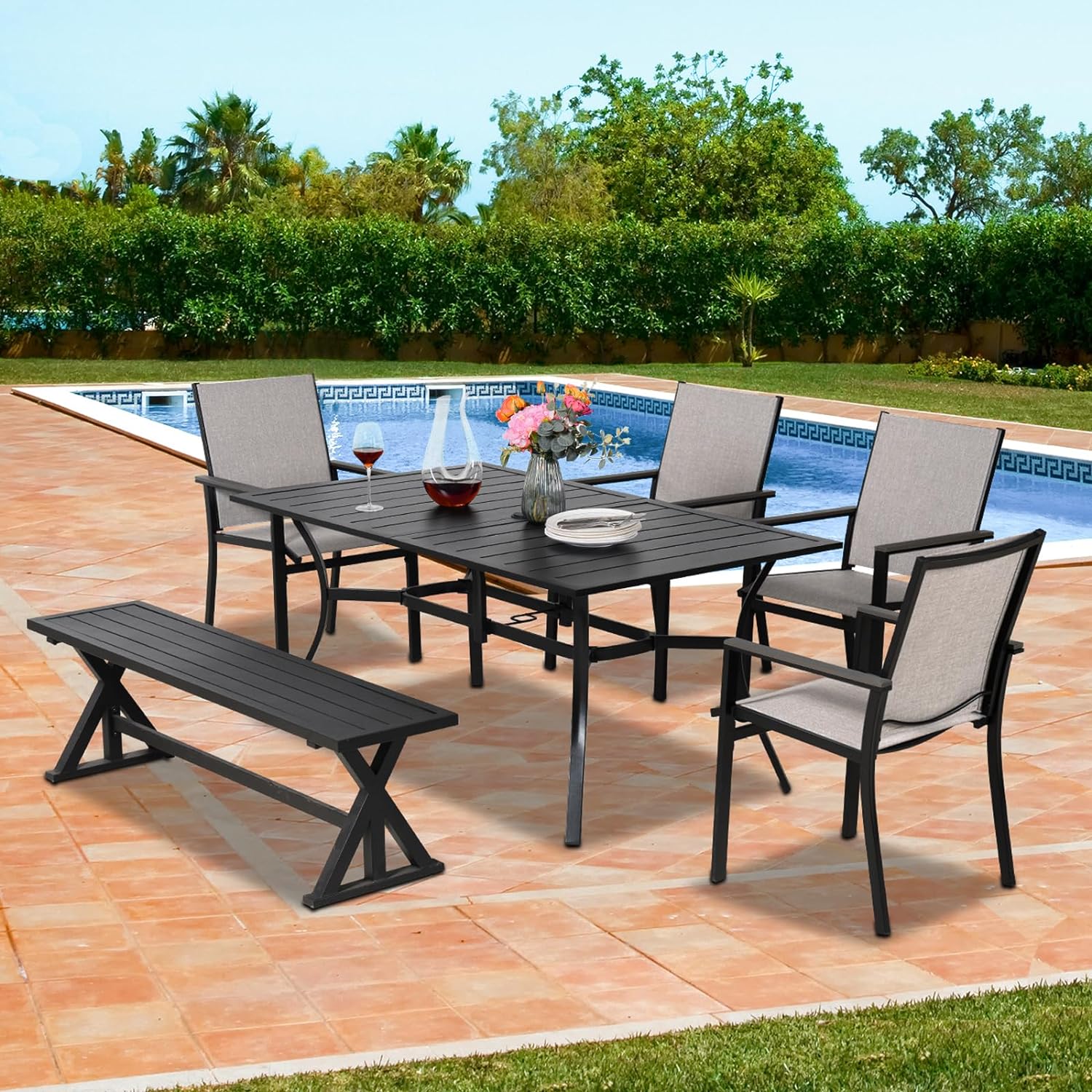 6-Piece Outdoor Dining Bench Set, Patio Chairs Metal