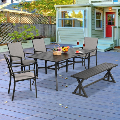 6-Piece Outdoor Dining Bench Set, 4 Patio Chairs & 61.2" Metal Bench & 63" Rect Table with (1.57" Umbrella Hole)