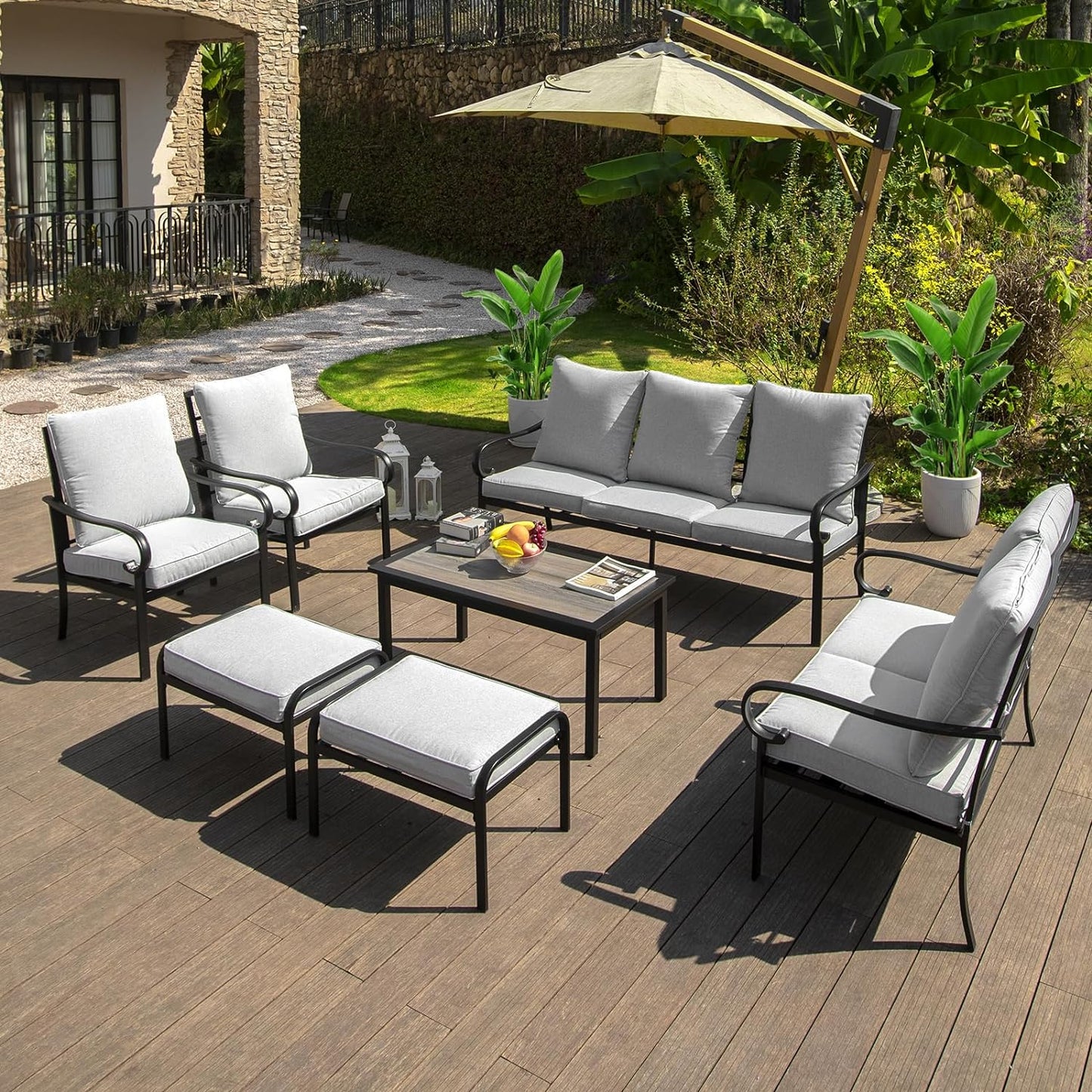 7PCs Patio Conversation Set with Cushions for 7-9 Persons