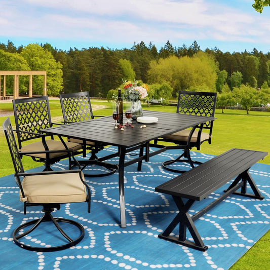 6-Piece Outdoor Dining Set, 4 Swivel Chairs with Cushions & 61.2" Outdoor Bench & 63" Rect Table (1.57" Umbrella Hole)