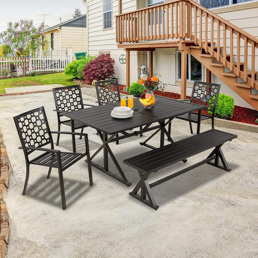 6-Piece Patio Dining Set with Bench, 4 Stackable Chairs & 61.2" Metal Bench & 63" Rect Table (1.6"-2" Umbrella Hole)