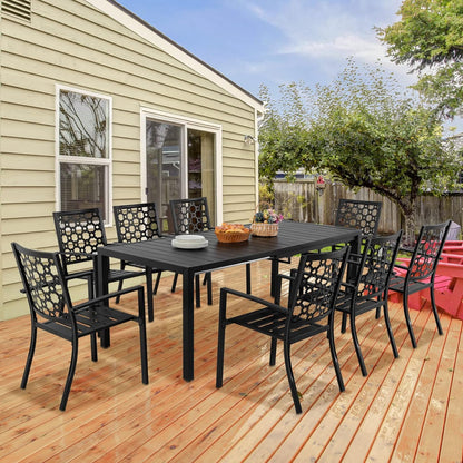 9 Pieces Patio Dining Set for 8, Expandable 78.8" Rectangle Dining Table and 8 Wrought Iron Stackable Chairs