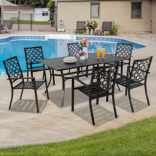 7-piece Outdoor Dining Set, 6 Stackable Chairs & 63" Rect Table (1.57" Umbrella Hole)