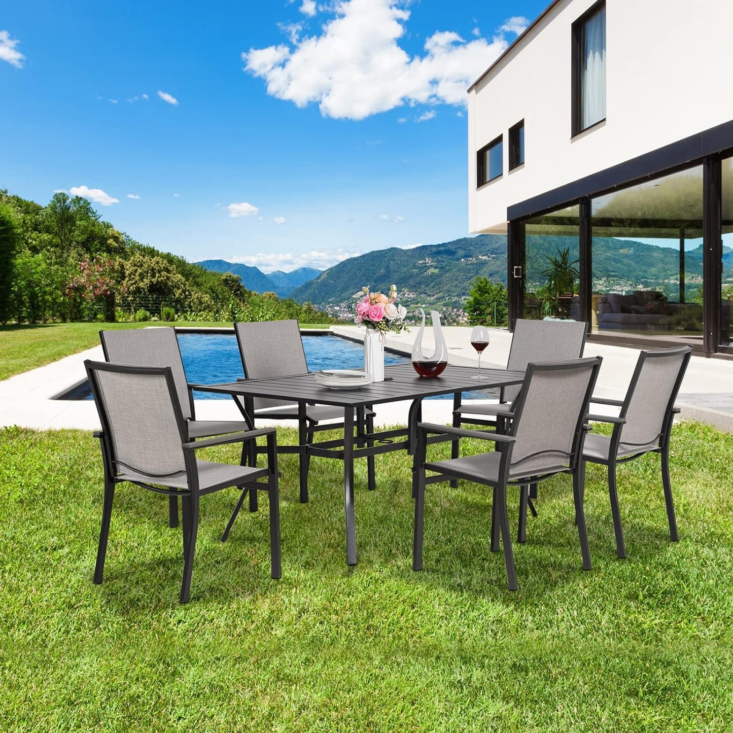 7-piece Patio Dining Set, 6 Outdoor Chairs & Square Metal Table (1.57" Umbrella Hole)