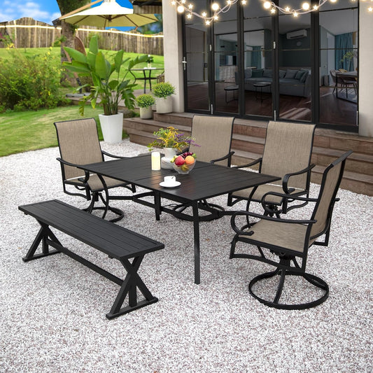 6-Piece Outdoor Dining Set, 63" Rect Dining Table with 1.57" Umbrella Hole & 61.2" Outdoor Bench & 4 Patio Swivel Chairs