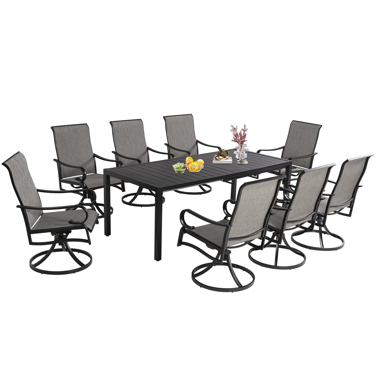 9 Pieces Patio Dining Set for 8, Extendable 78.8" Rectangle Dining Table and 8 Textilene Swivel Chairs