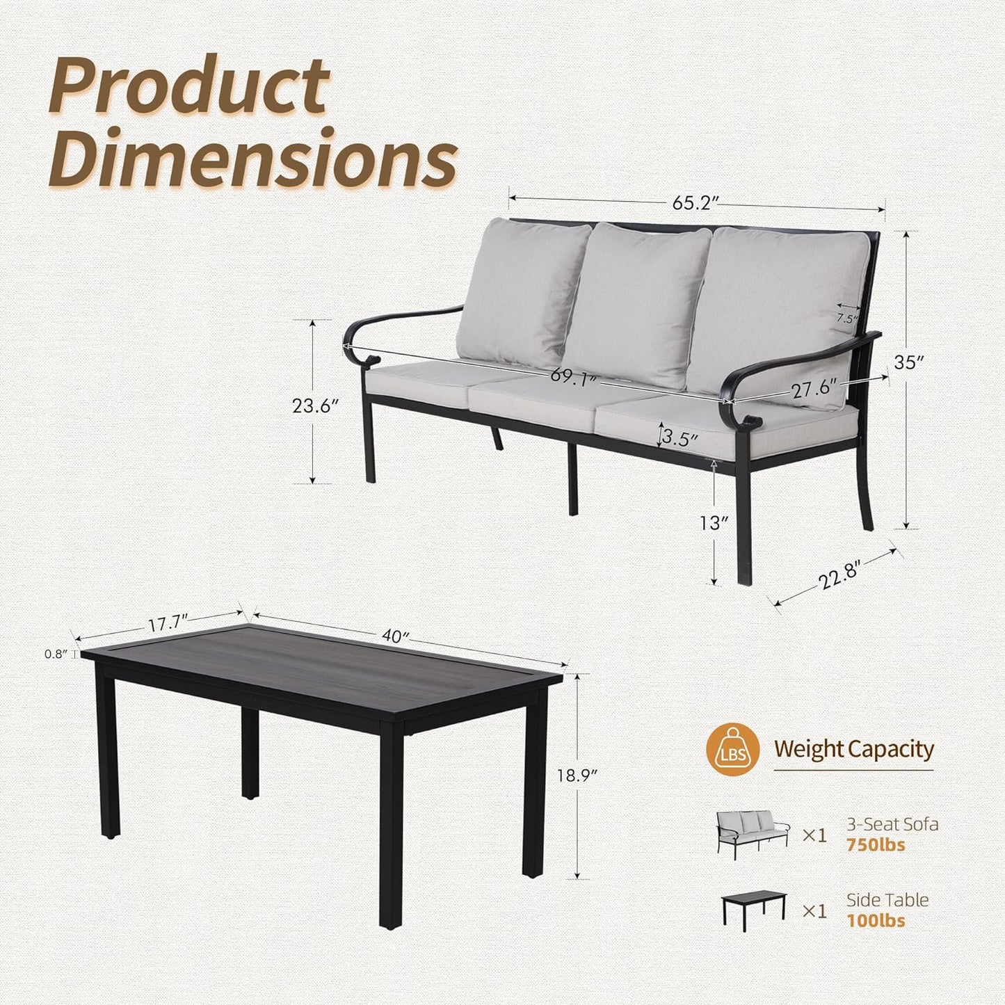 2-Piece Patio Conversation Set with Cushions, 3-Seater Sofa Bench with Coffee Table Sectional Sofa Furniture