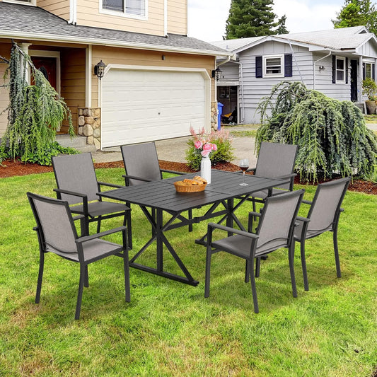 7-piece Patio Dining Set, 6 Outdoor Chairs & 63“ Rect Tables (1.6"-2" Umbrella Hole)