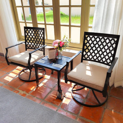 3-Piece Patio Bistro Conversation Set, Outdoor Side Table and 2 Swivel Dining Chairs with Cushions