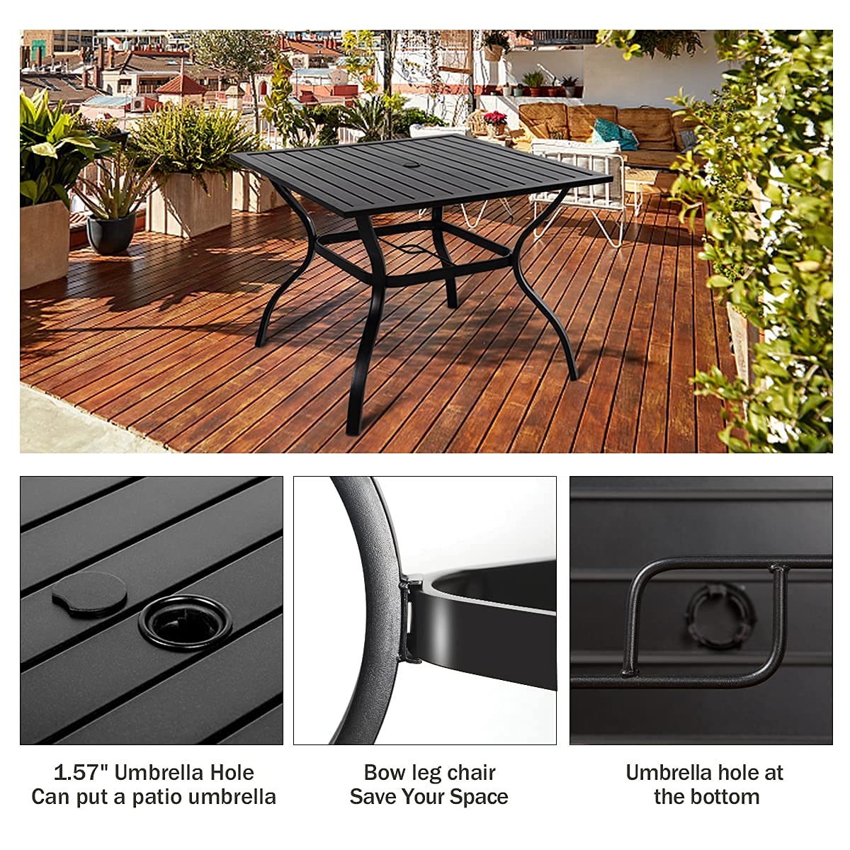 37" Black Metal Patio Dining Table (1.57" Umbrella Hole)