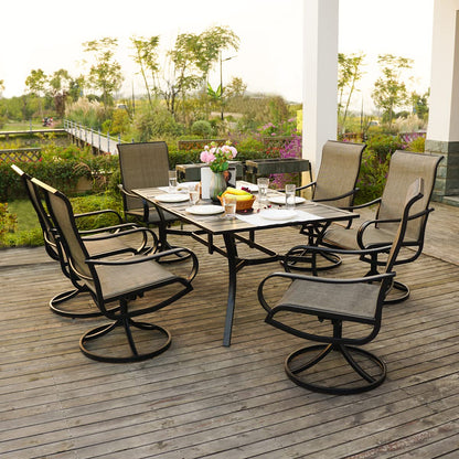 7-Piece Patio Dining Set with 6 Outdoor Swivel Chairs & 63" Rect Table (1.57" Umbrella Hole)
